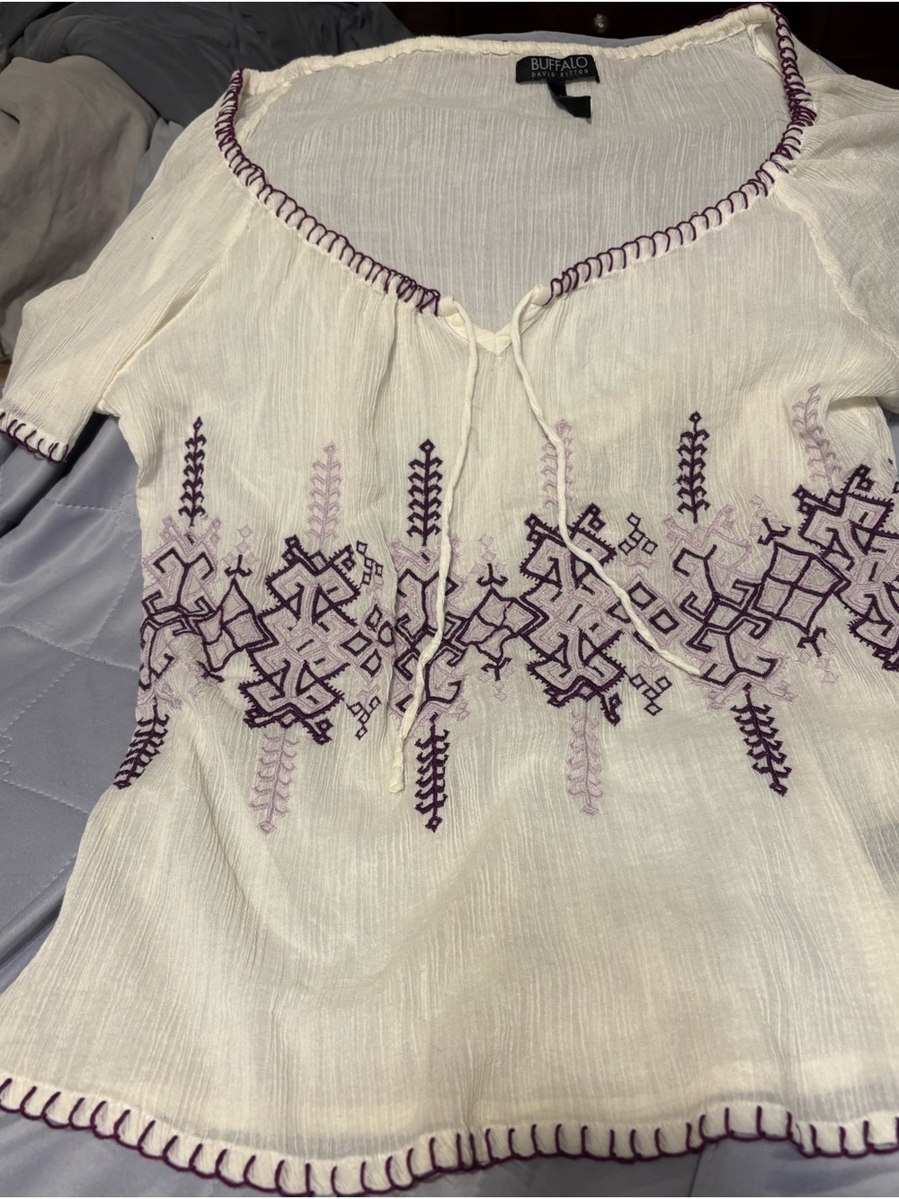 Buffalo David Bitton Cream Tunic with Purple Embroidery